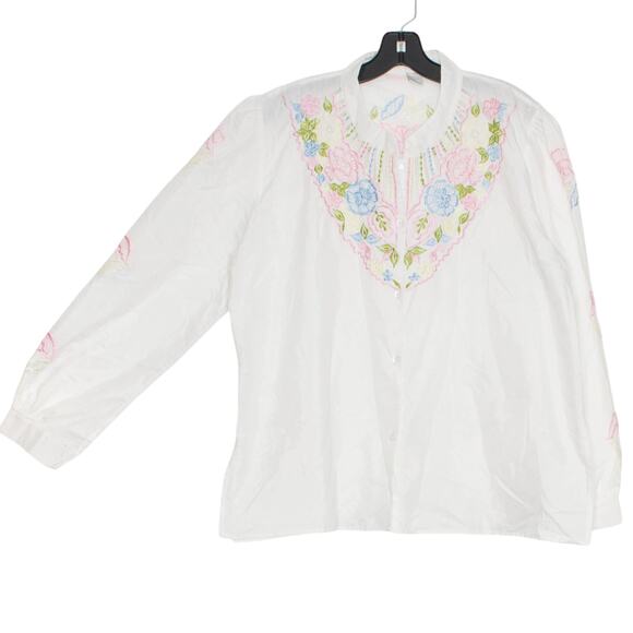 Vintage Top Cottage Coastal Grandma Boho Embroidered Floral Button Up White 2X - Picture 8 of 8